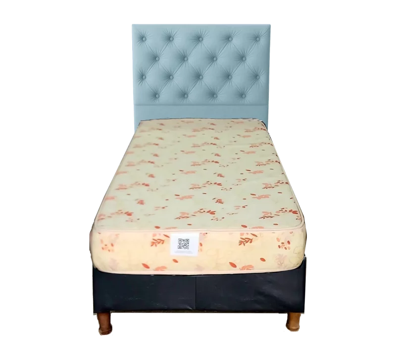 Precio Sommier 1 Plaza + Colchón espuma 17cm y respaldar celeste de ecocuero