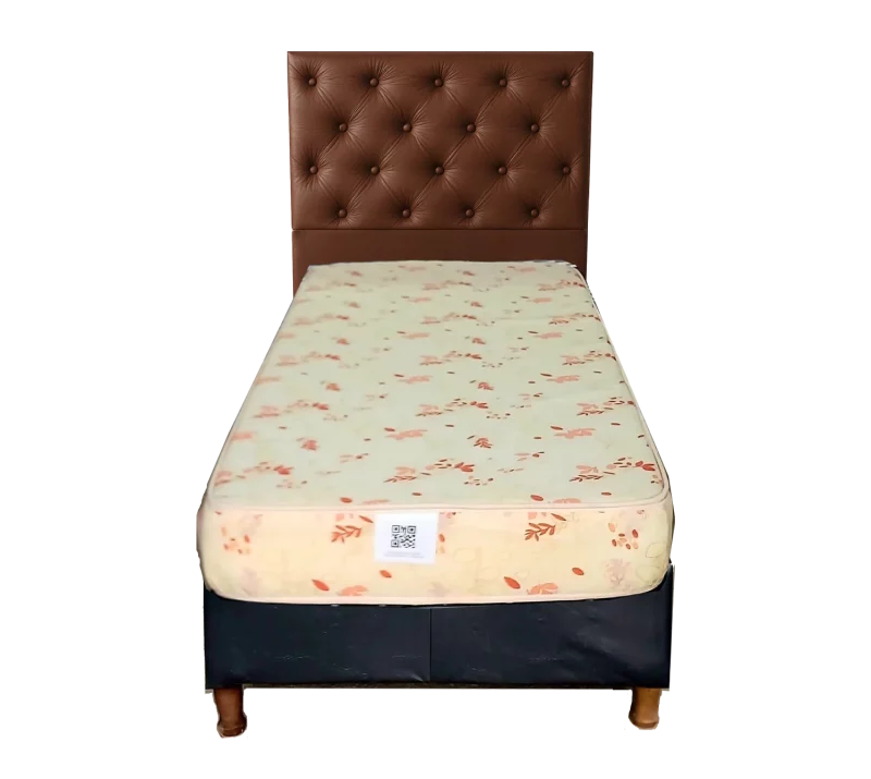 Cama Sommier económico 1 Plaza + Colchón de Espuma y respaldar marrón