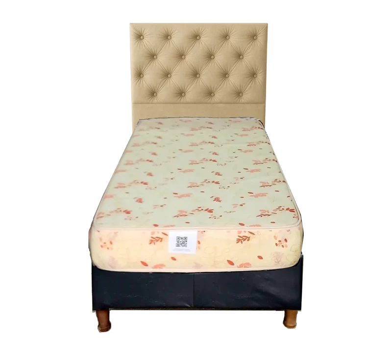 Oferta Sommier 1 Plaza + Colchón espuma y respaldar beige de cuerina