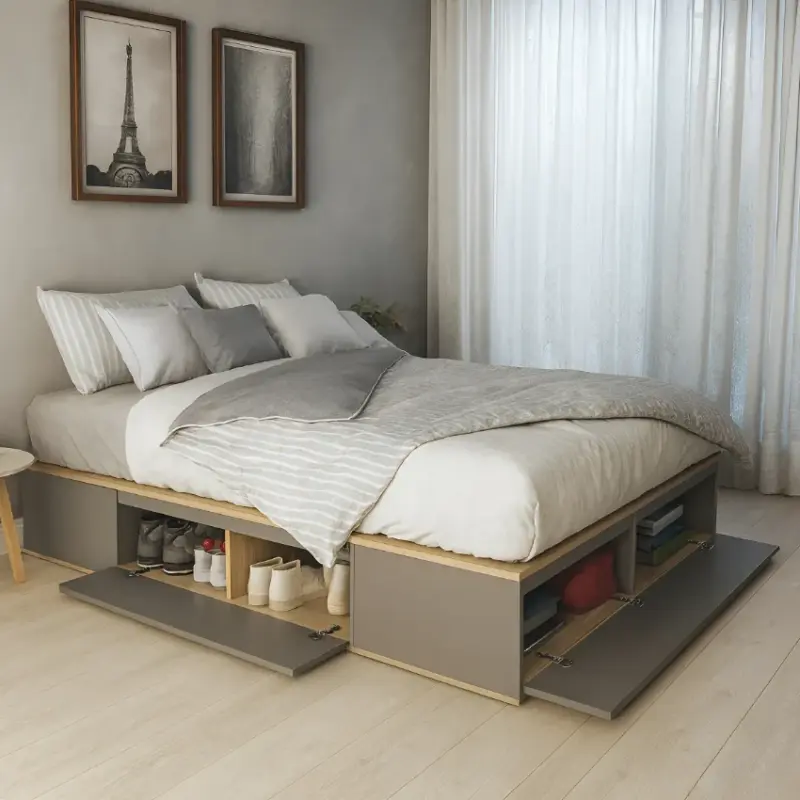 Cama box base sommier 2 plazas 140x190cm con baulera y zapatero