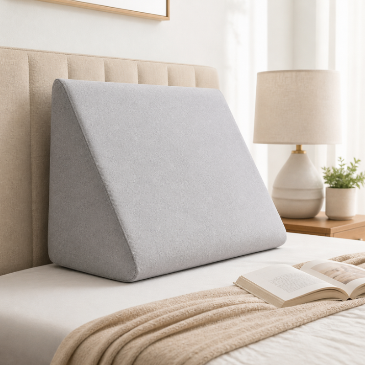 Almohada triangular respaldo gris apoyada en el respaldo de una cama