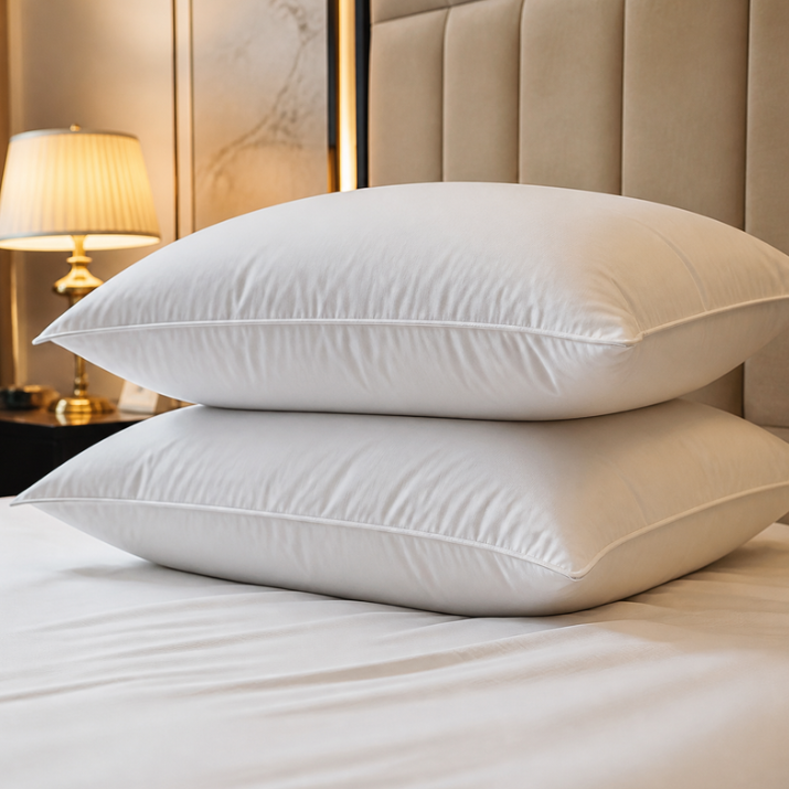 Dos almohadas hoteleras premium blancas 70x50 sobre una cama de hotel
