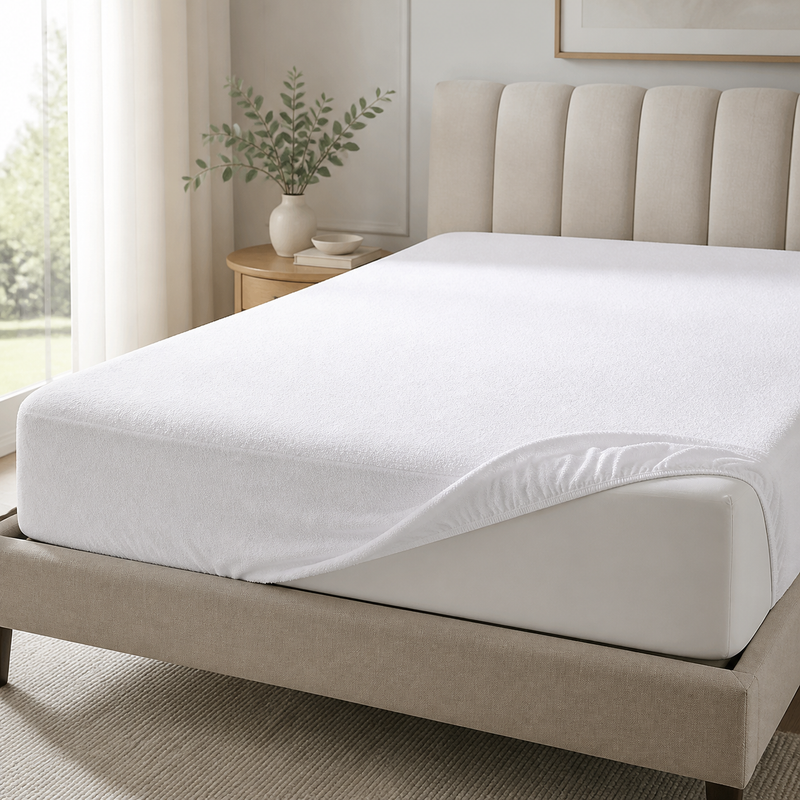 Cubre colchón impermeable ajustable de tela toalla blanca con elástico perimetral colocado sobre un colchón
